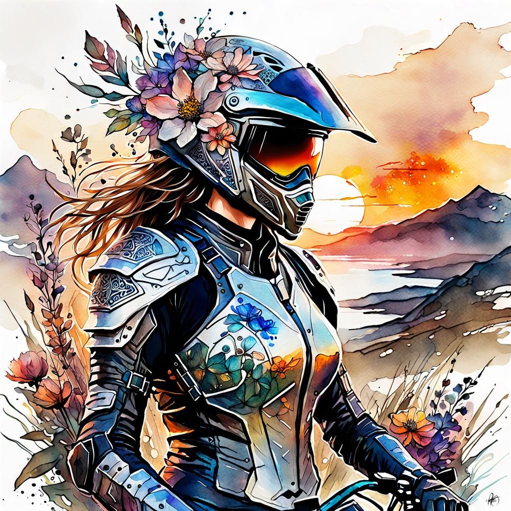 Floral Armored Biker in Watercolor Sunset