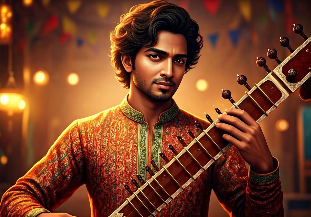 Soulful South Asian Musician in Vibrant Attire
