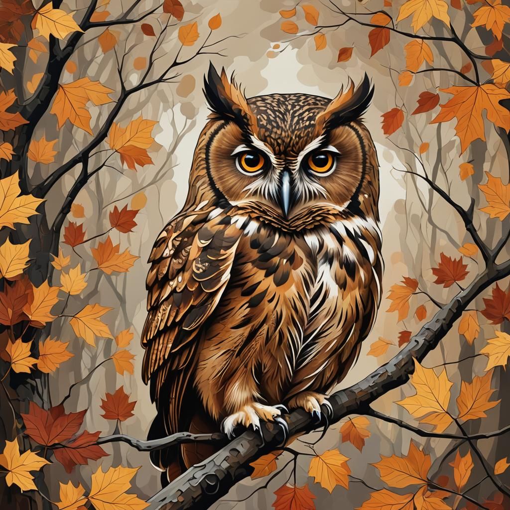 Abstract Brown Owl in Autumn Colors