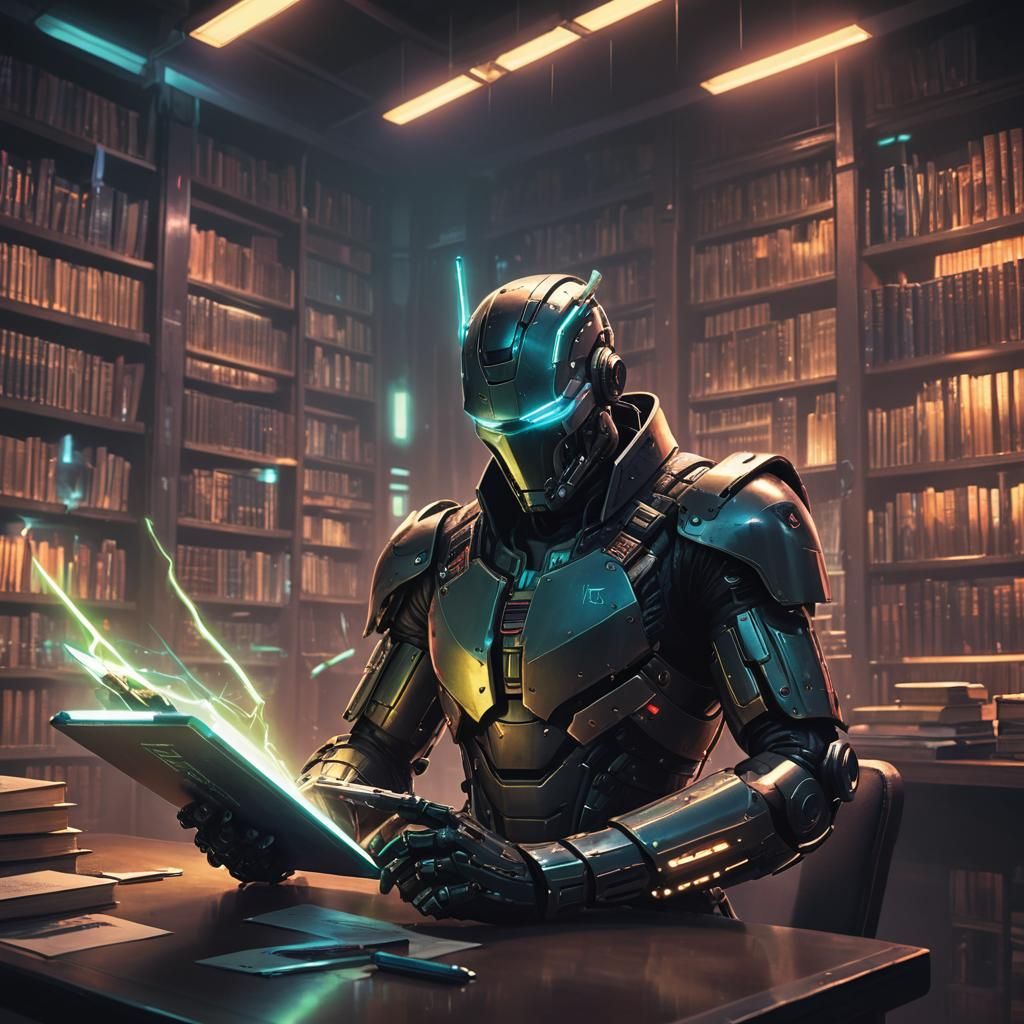 Android Tablet Warrior in Cyberpunk Library