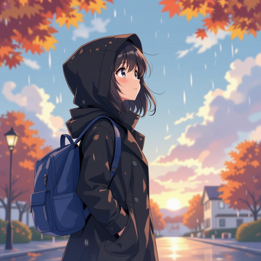 Anime Girl in Raincoat Surprised by Autumn Sky