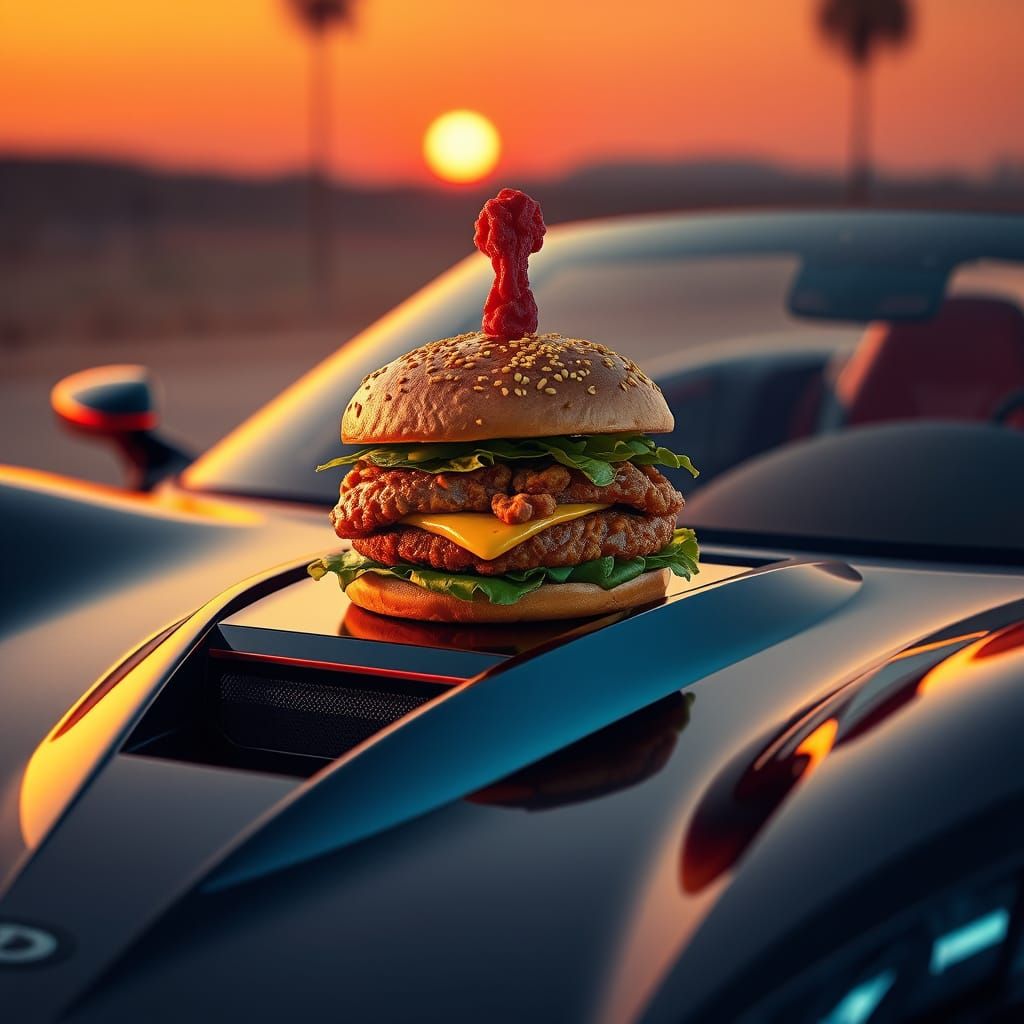 Chicken Burger on a Futuristic Super Car