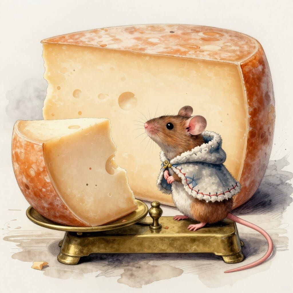 Mouse Contemplates Cheese on Vintage Scale in Watercolour St...