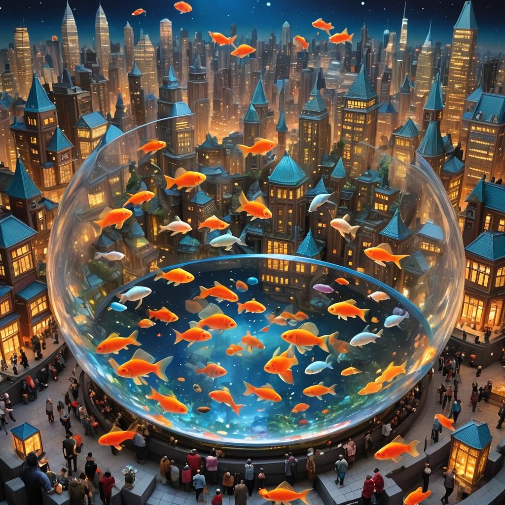 Celestial Cityscape in Goldfish Bowl, Mystical Surrealism