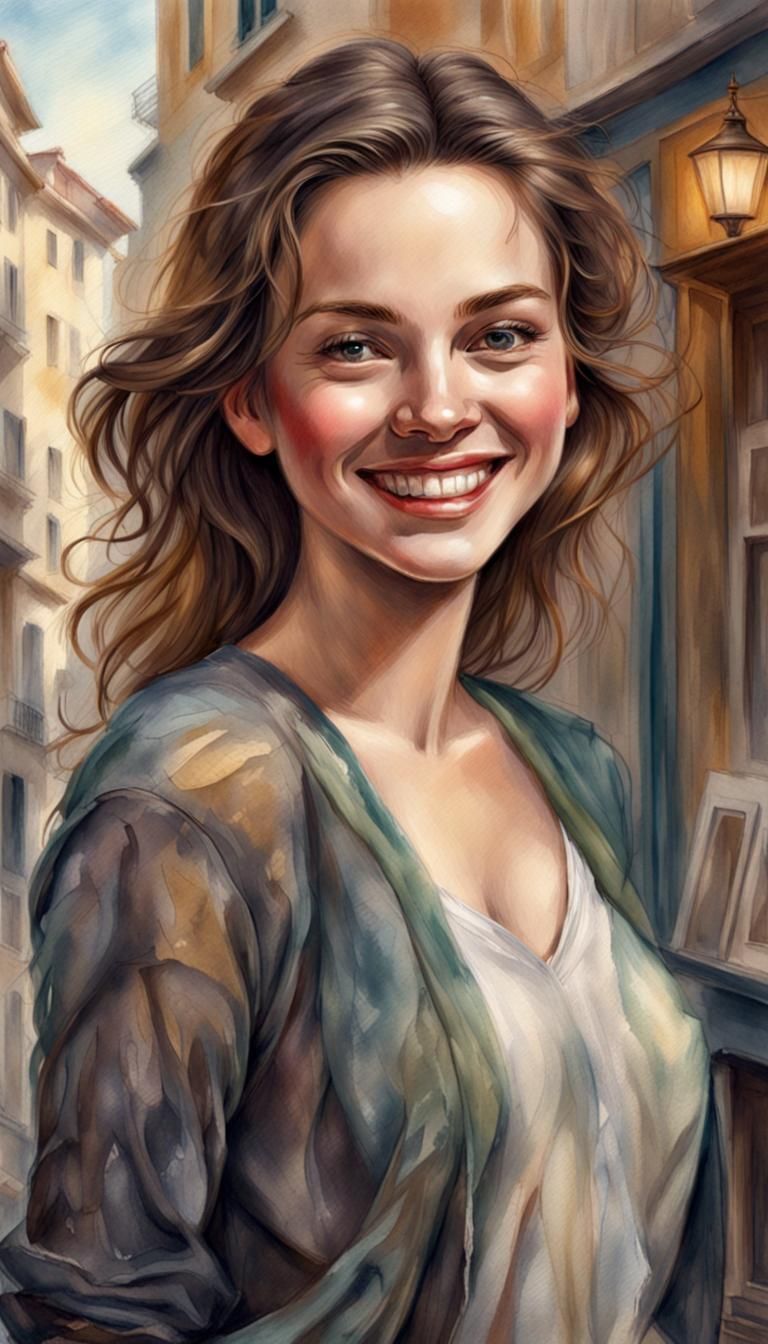 Smiling Woman Portrait in Detailed Pencil Sketch Style