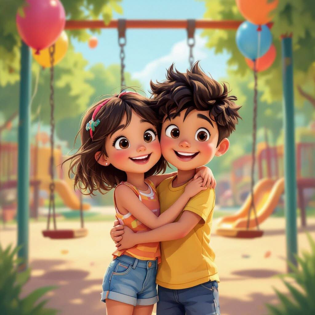 Kids Hugging with Balloons, Pixar Cartoon Style