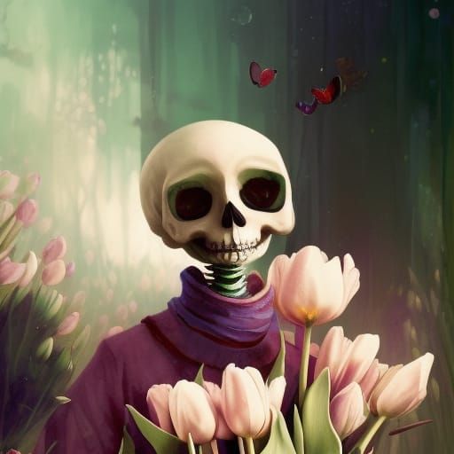 Small Skeleton with Tulips in Fantasy Illustration Style