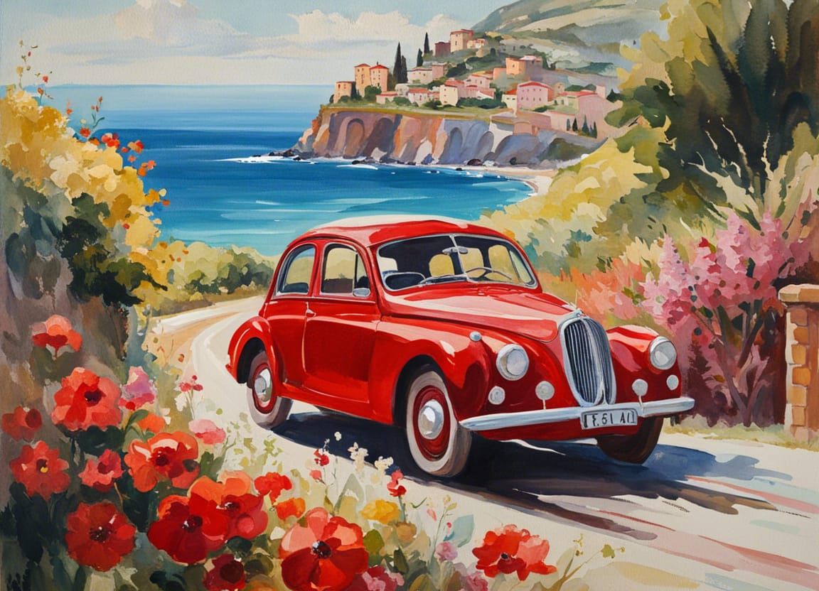 Vintage Red Italian Car in Gouache Style