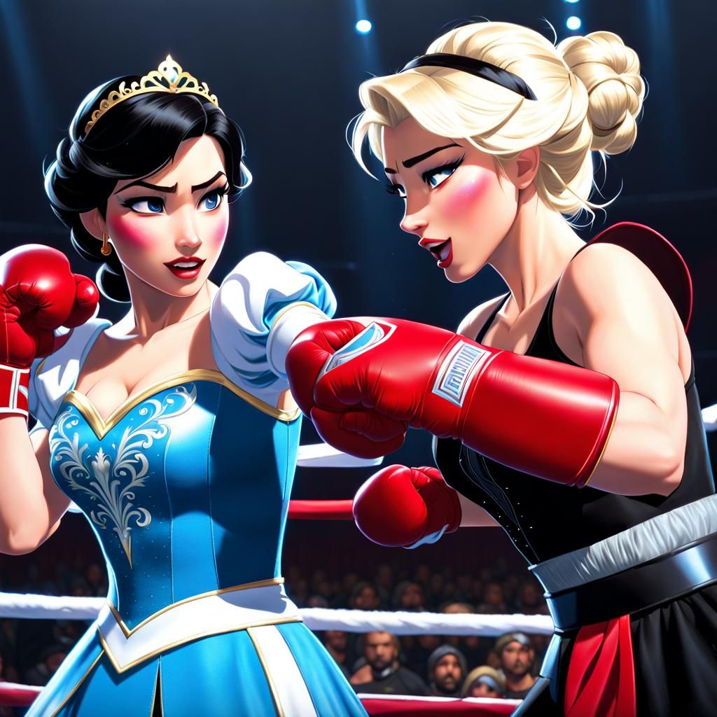 Snow White fights back against Elsa in the boxing ring