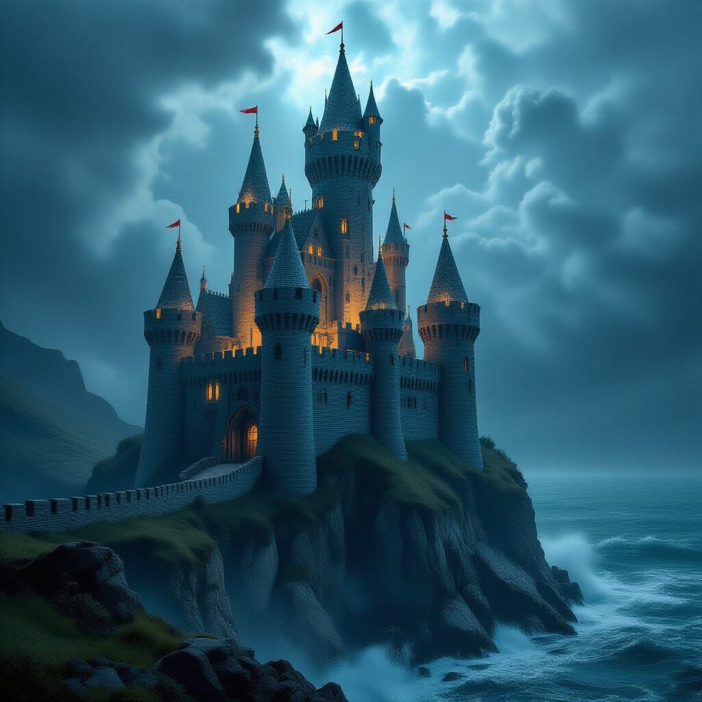 Pencil Castle on Stormy Sea Cliff