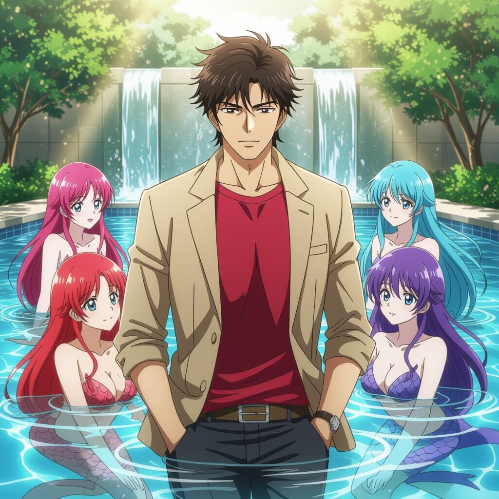 Ryo Saeba Meets Mermaids in Vibrant Anime Style