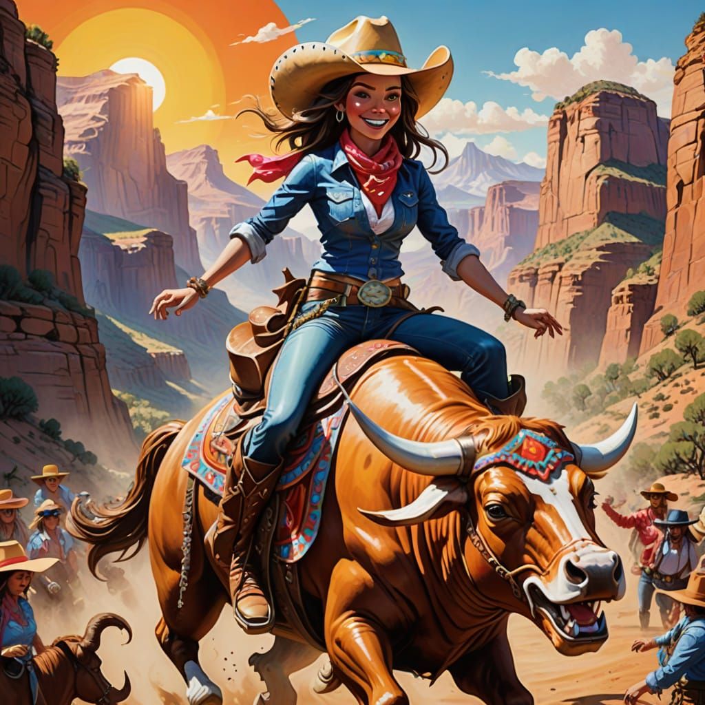 Whimsical Cowgirl Rides Fantastical Mechanical Bull