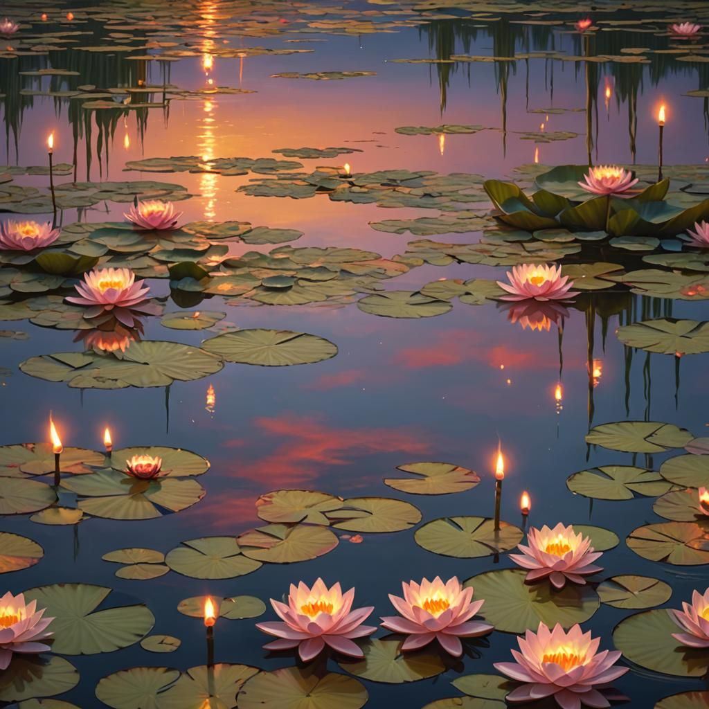Magical Water Lilies and Candles at Sunset