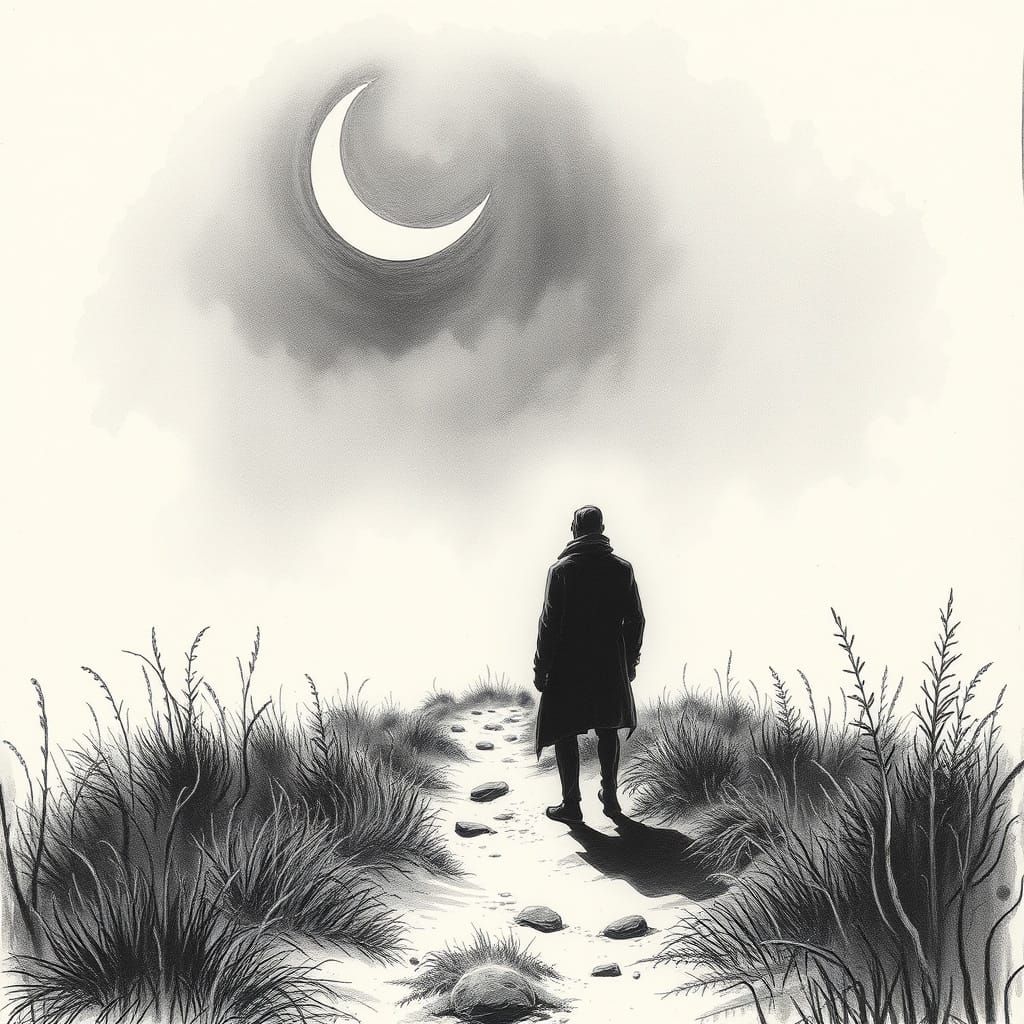 Lone Figure's Mysterious Journey Under Ethereal Moon