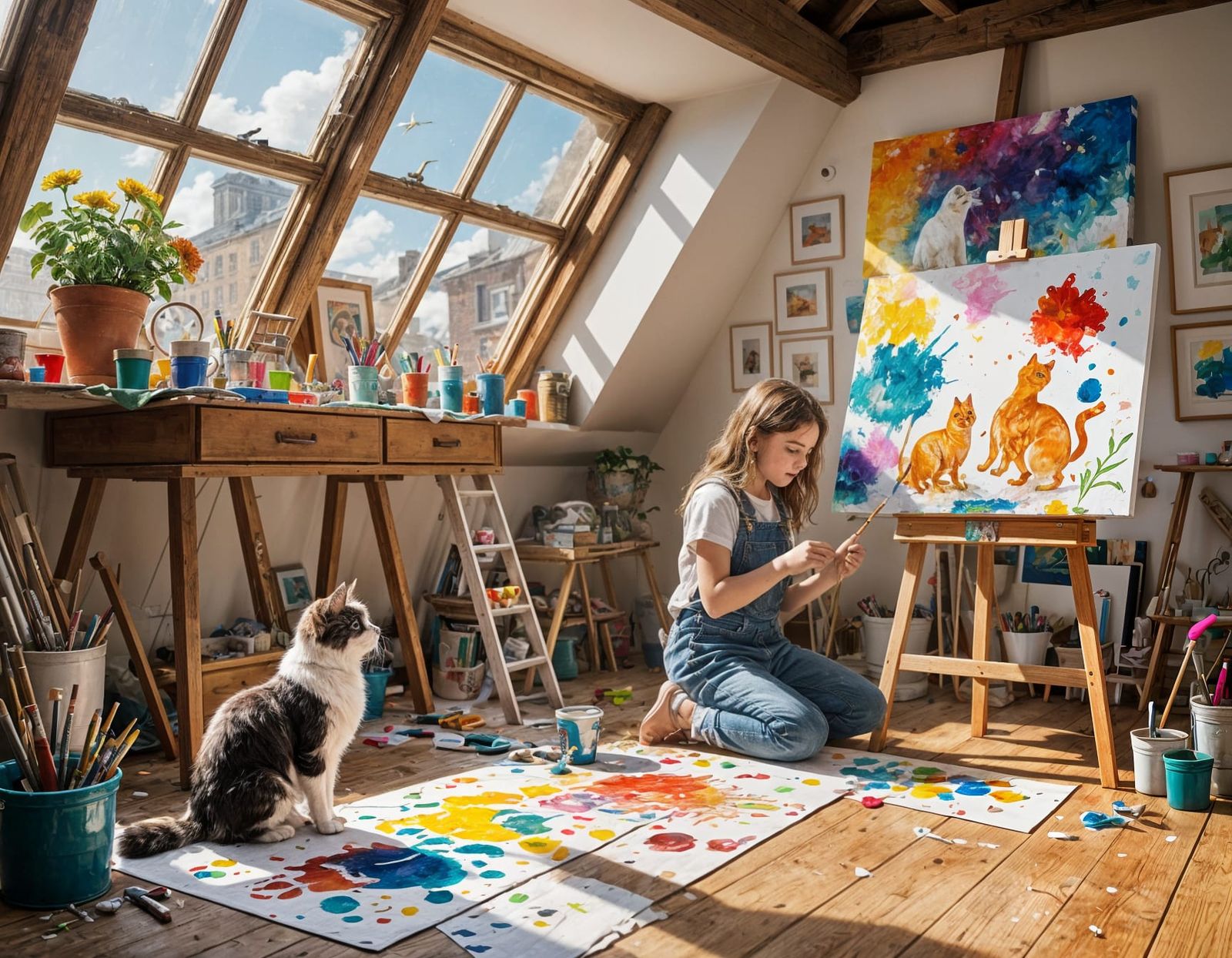 Girl and Cat Painting in Sunny Studio
