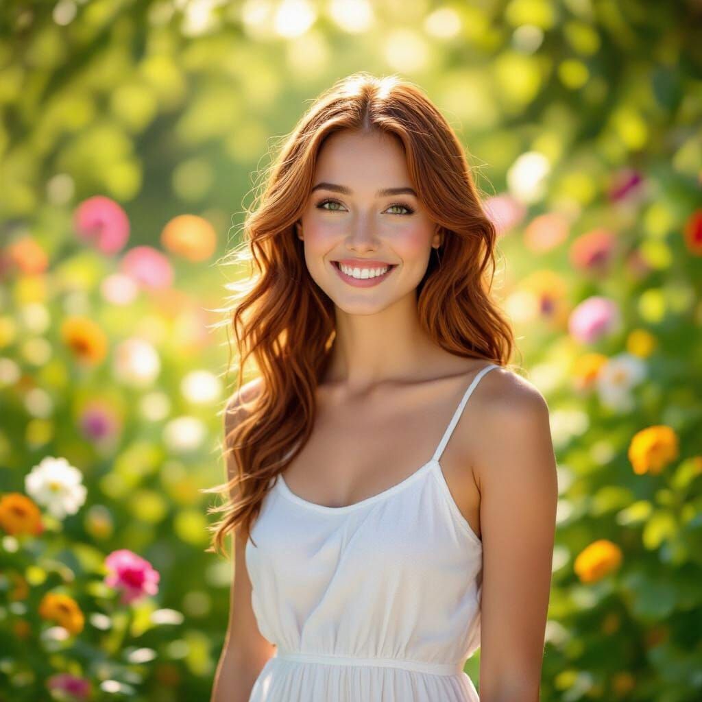 Joyful Woman in Sun-Drenched Garden, Impressionistic Style