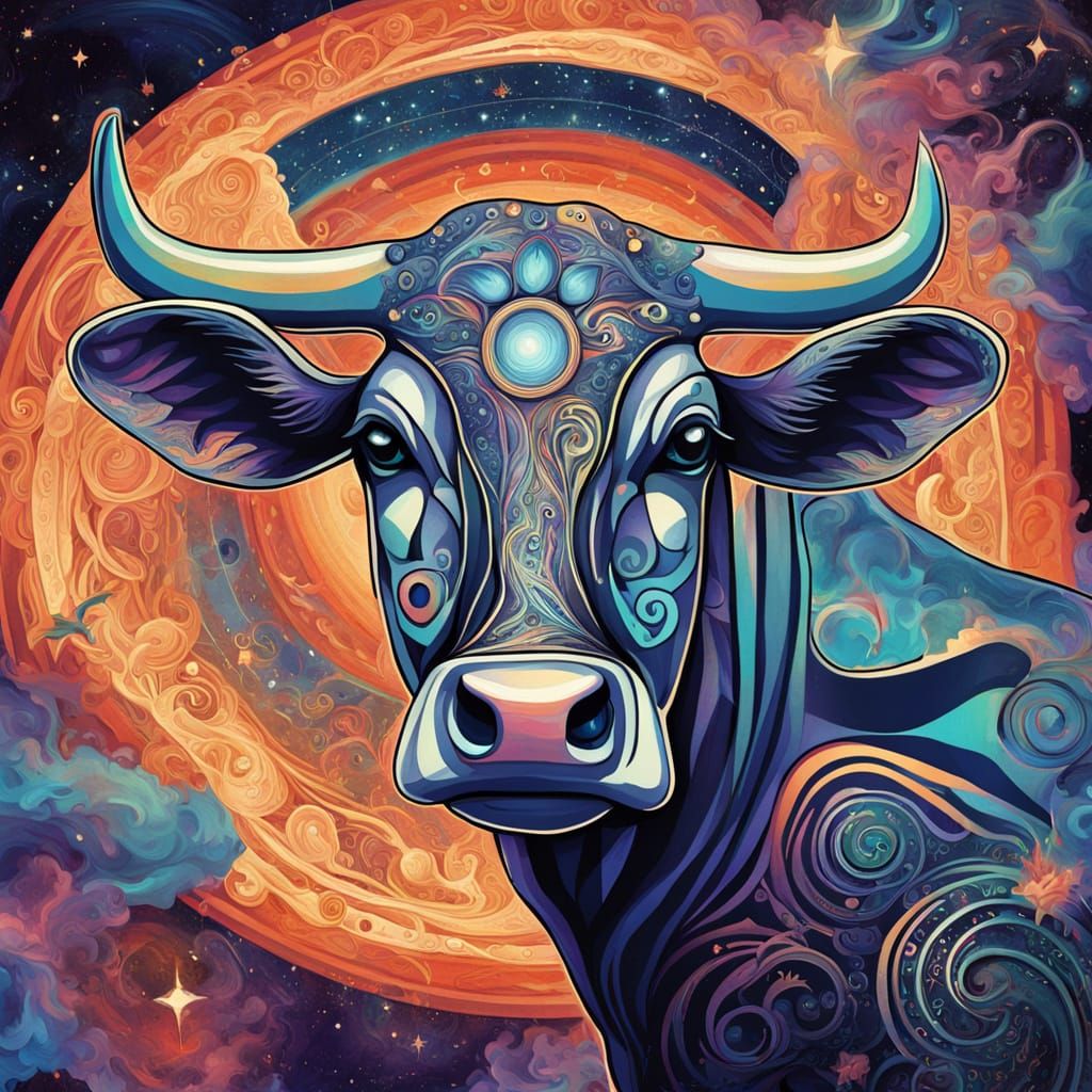 Vibrant Cosmic Cow in Iridescent Astral Realm