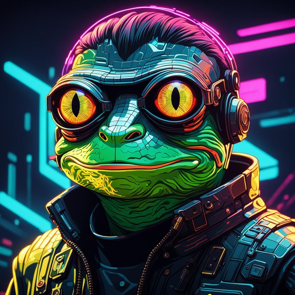 Cyberpunk Crypto Pepe God in Neon Cityscape