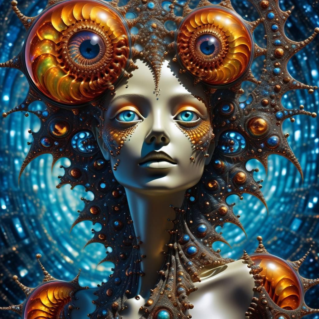 Surreal Entity with Shimmering Eyes in Fractal Cosmos