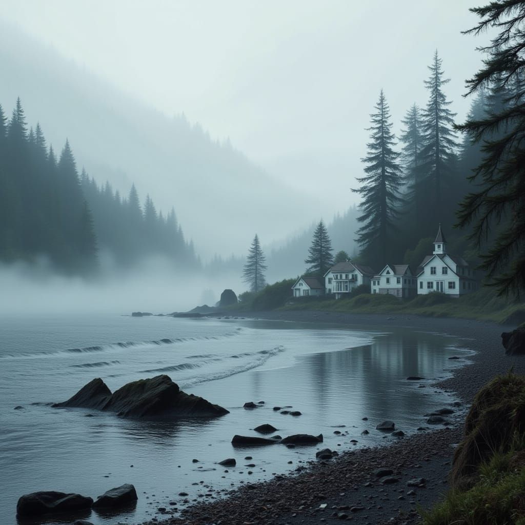 Misty Coastal Town on Rocky Pacific Northwest Shoreline