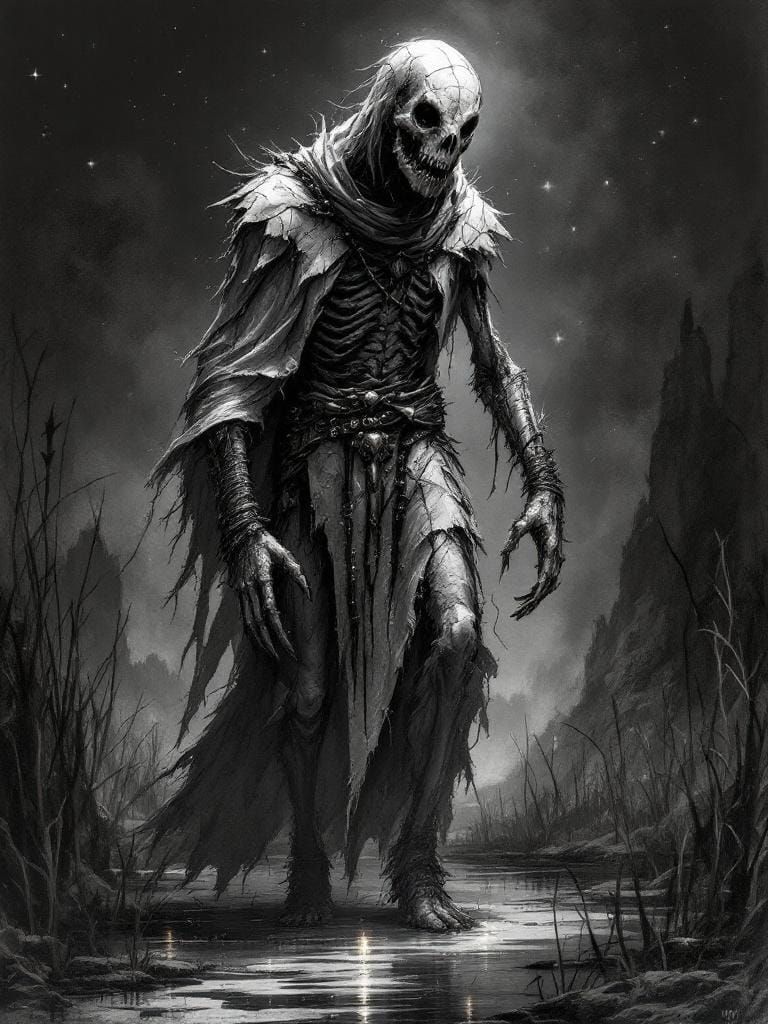 Bleak Chiaroscuro Sketch of Skeletal Figure in Marsh