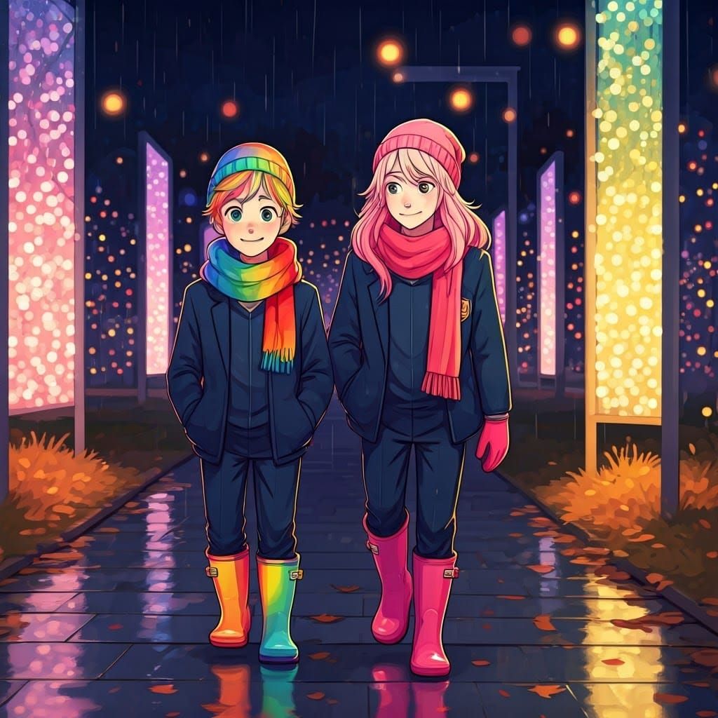 Boys Explore Illuminated Gallery in Futuristic Style