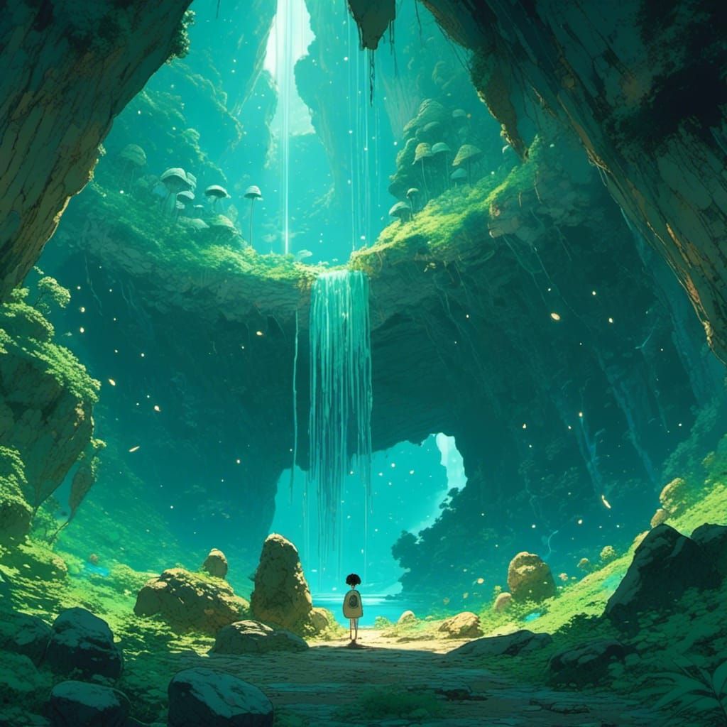 Mystical Mushroom Cave with Waterfall in Anime Style
