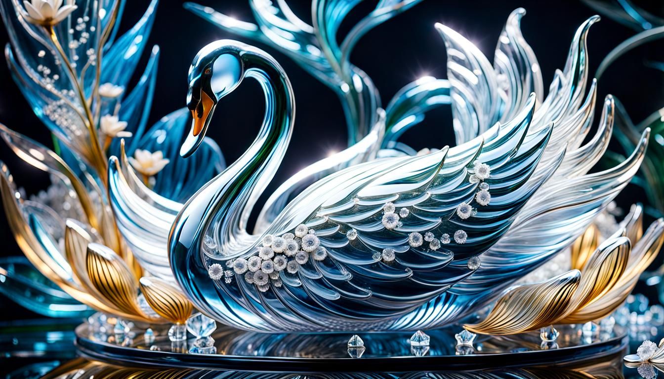 Intricate Ice Swan Sculpture in Lotus Jungle