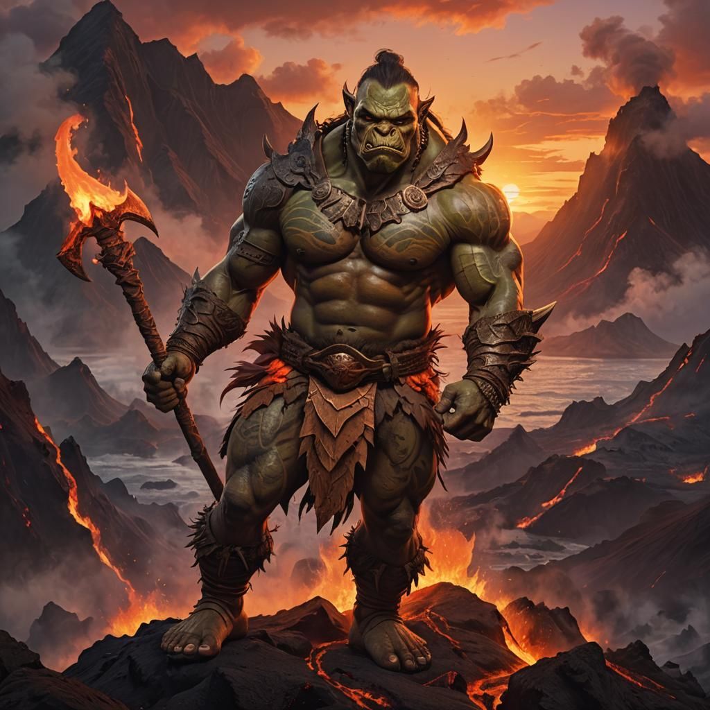Hawaiian Orc Warrior on Volcano in Fantasy Art