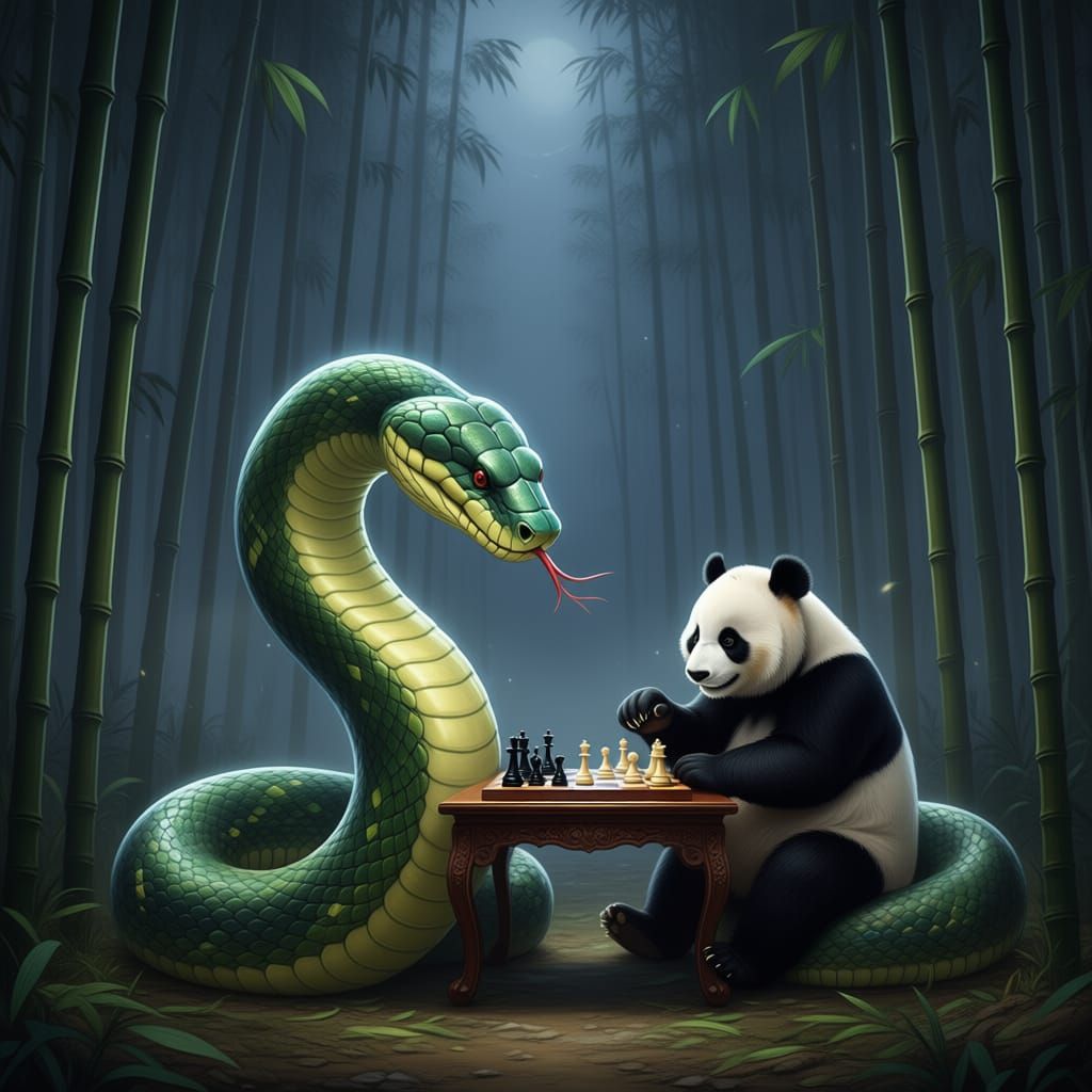 Giant Snake and Panda Play Chess Together