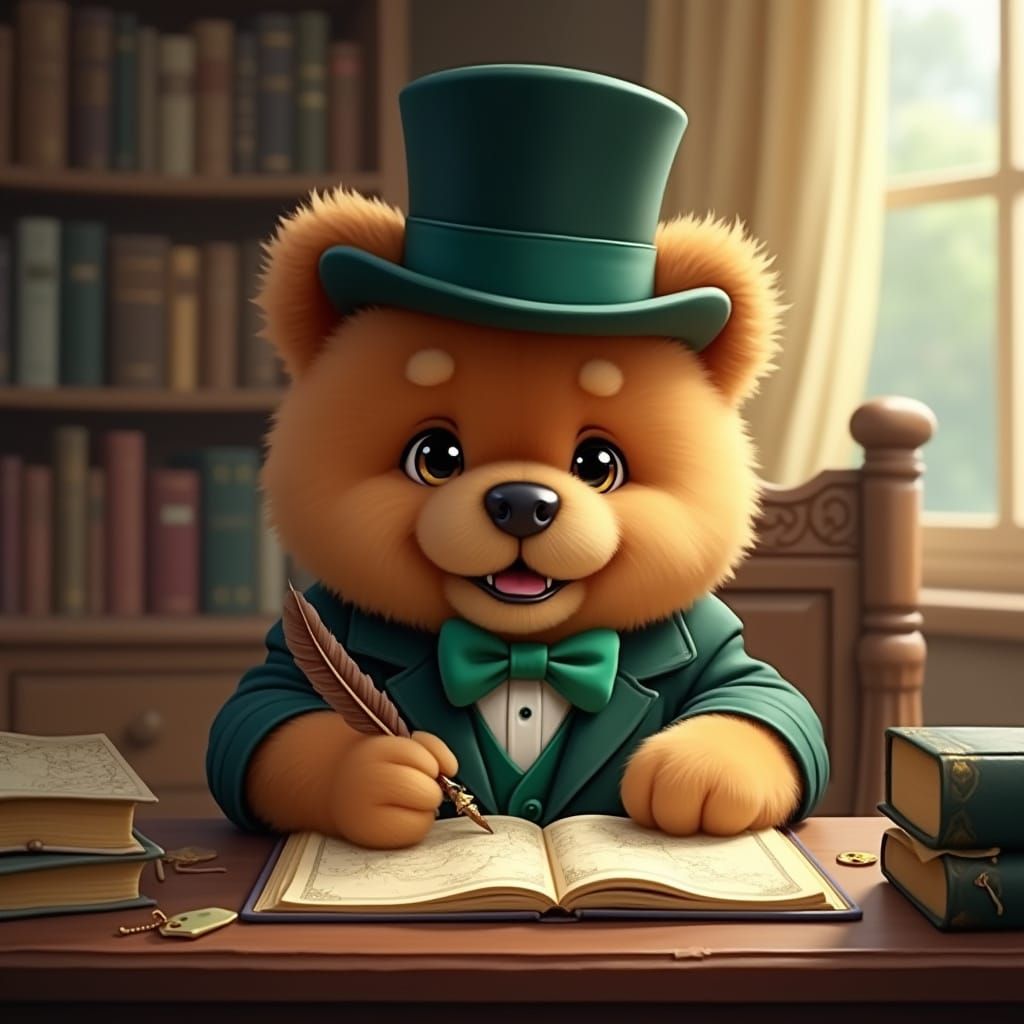 Chow Chow Puppy Writes in Journal: Anime-Inspired Portrait