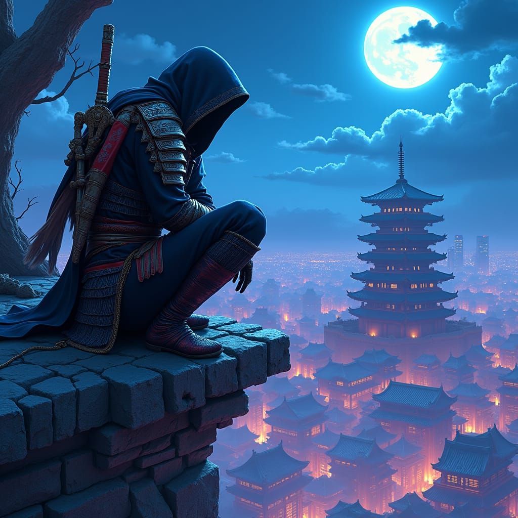 Anime Assassin on Temple Overlooking Cityscape