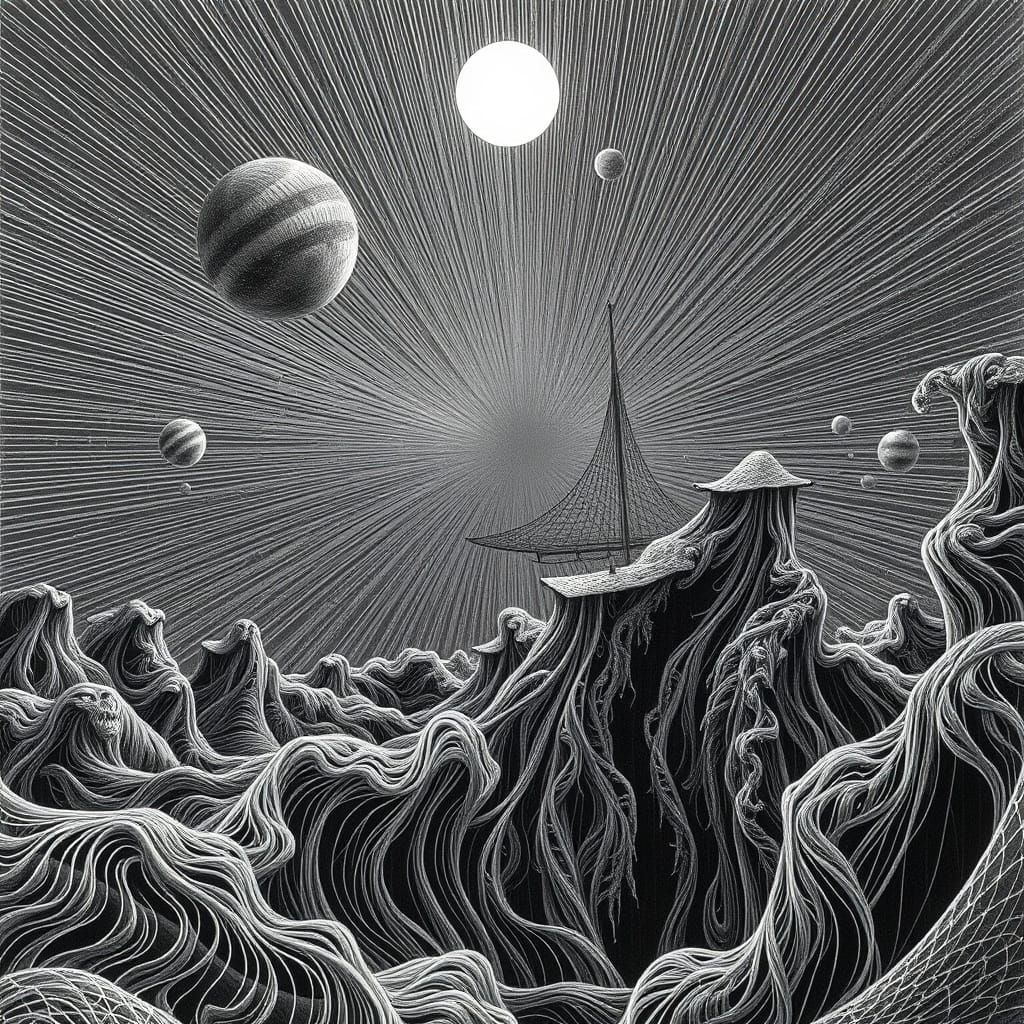 Abstract Surreal Moonboat Landscape with Fractal Lines