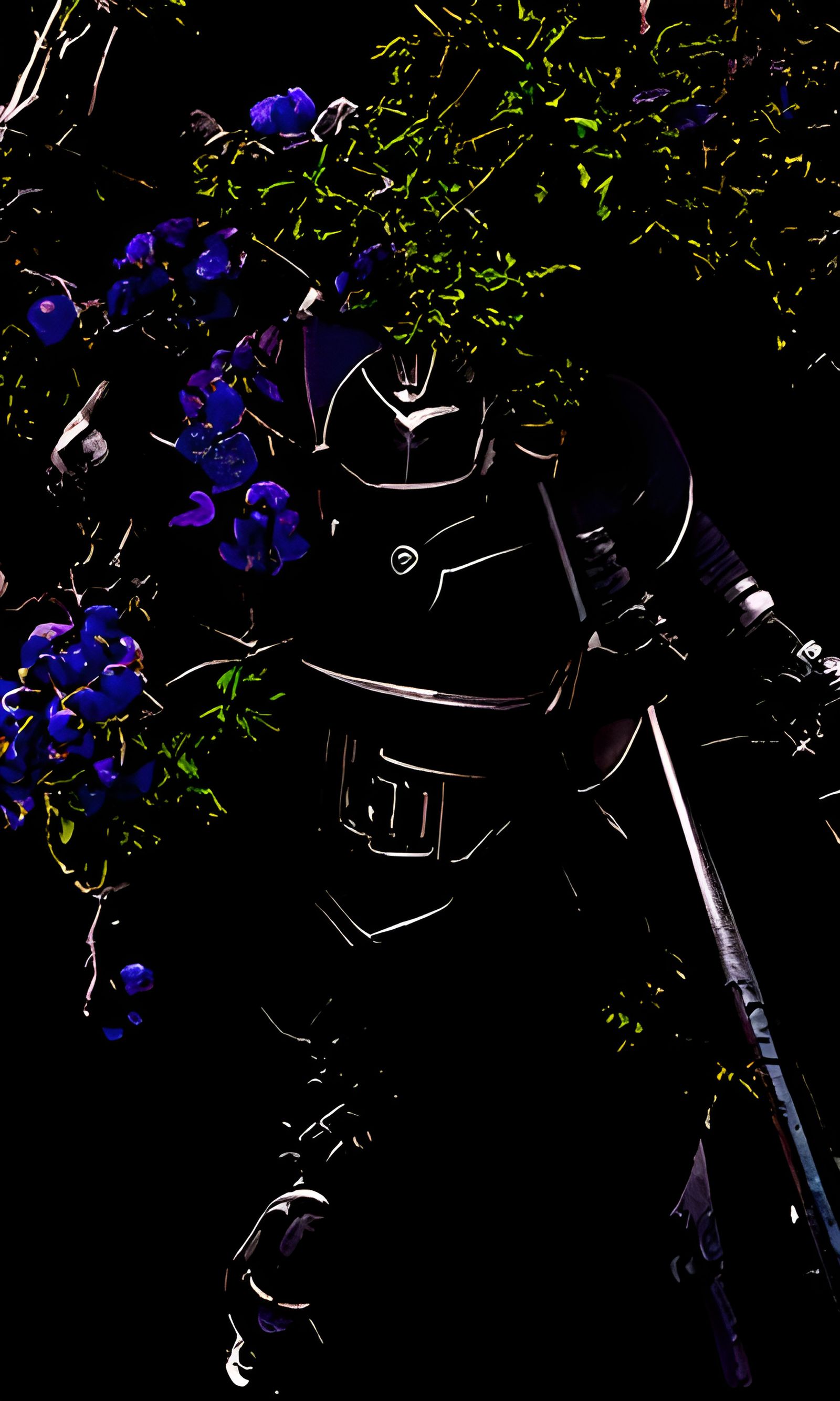 Knight in Black Armor Trapped by Blue Roses