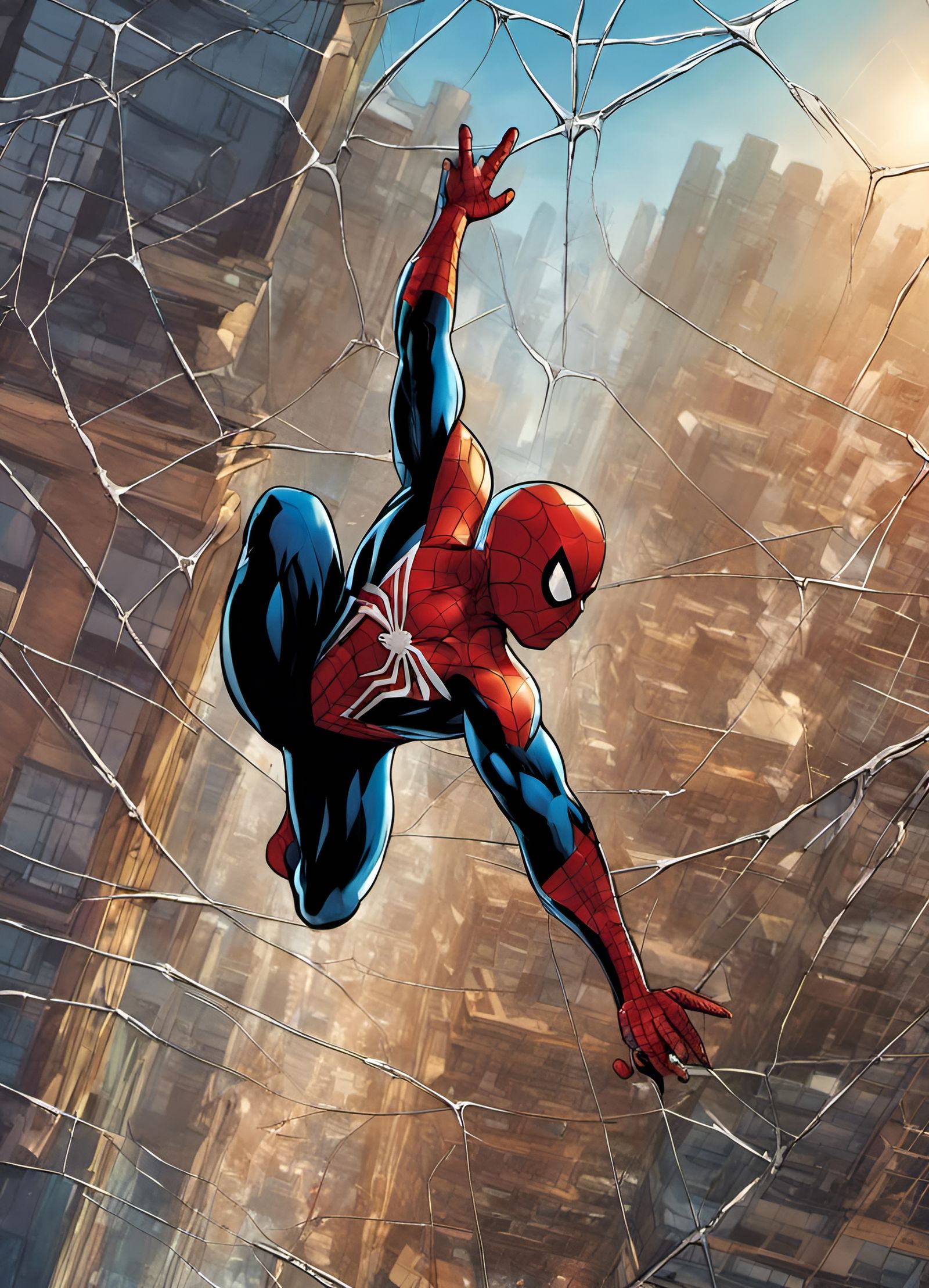 Spider-Man Soaring Through City: Comic Book Art
