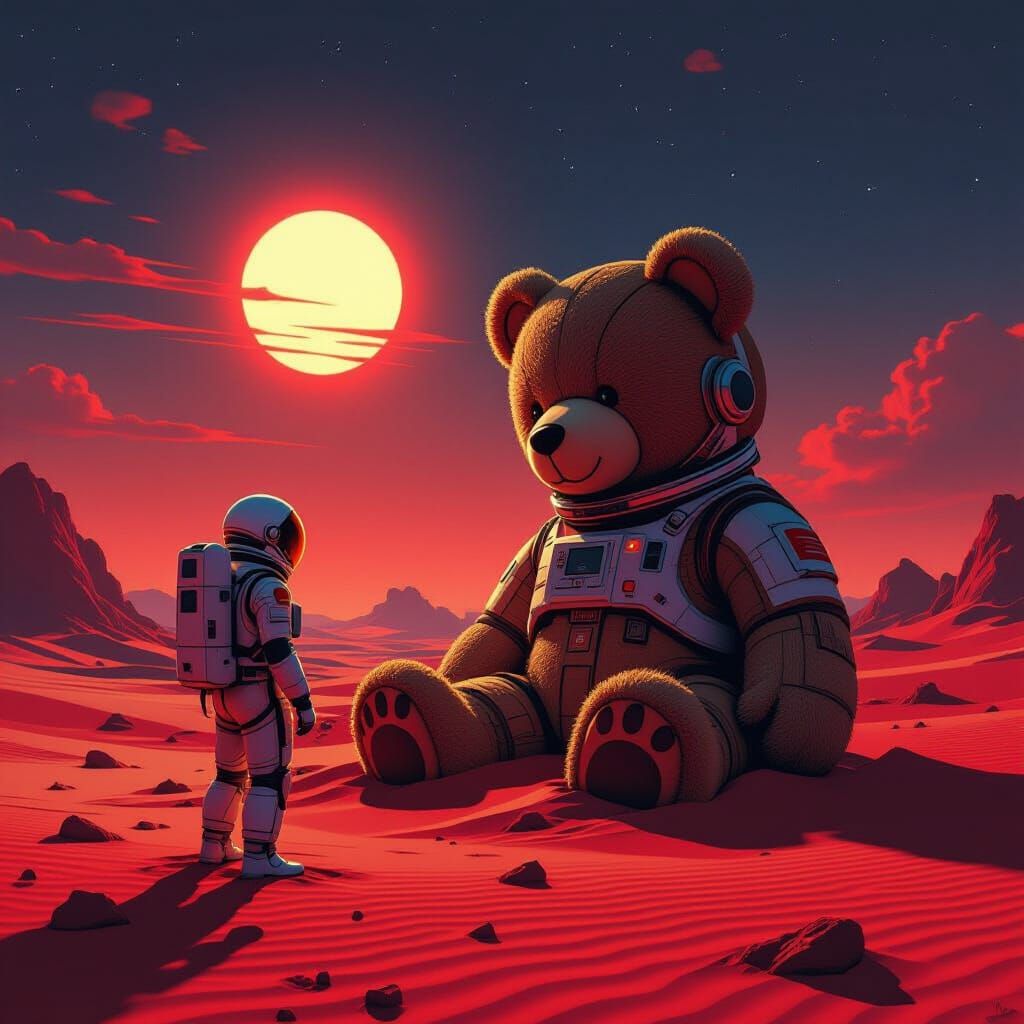 Astronaut Discovers Giant Teddy Bear on Alien Planet