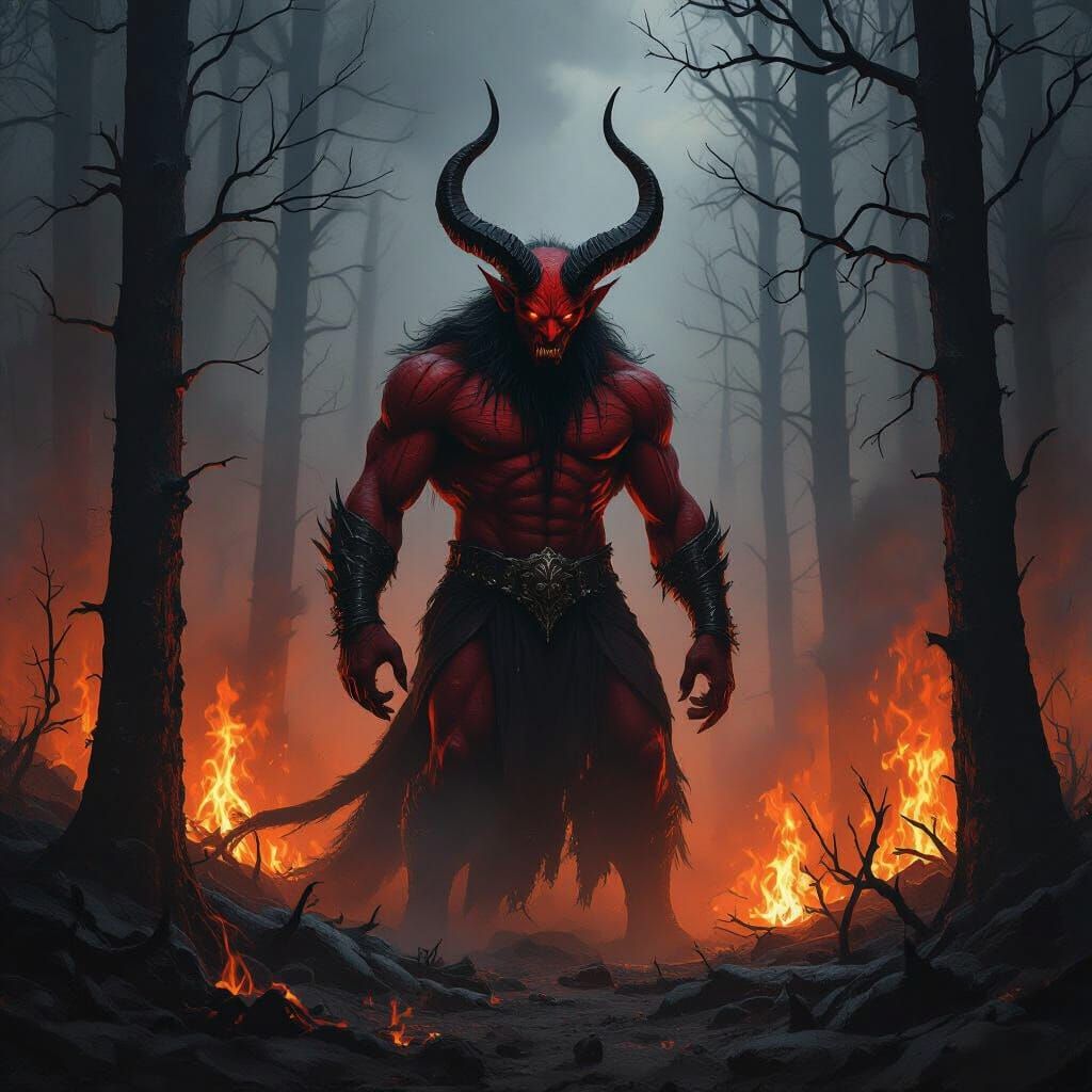 Immense Crimson Demon in Smoldering Forest