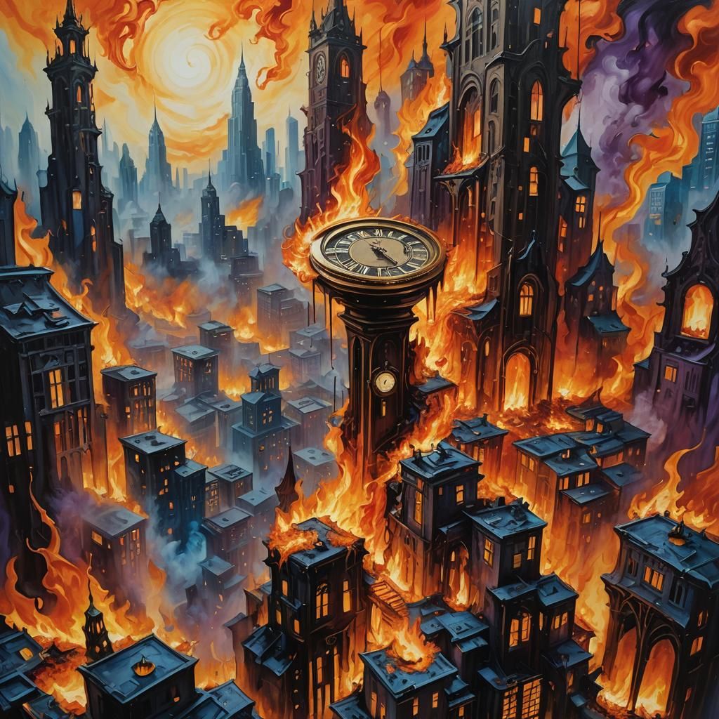 Surreal Flames Engulf Distorted Cityscape as Oil Painting