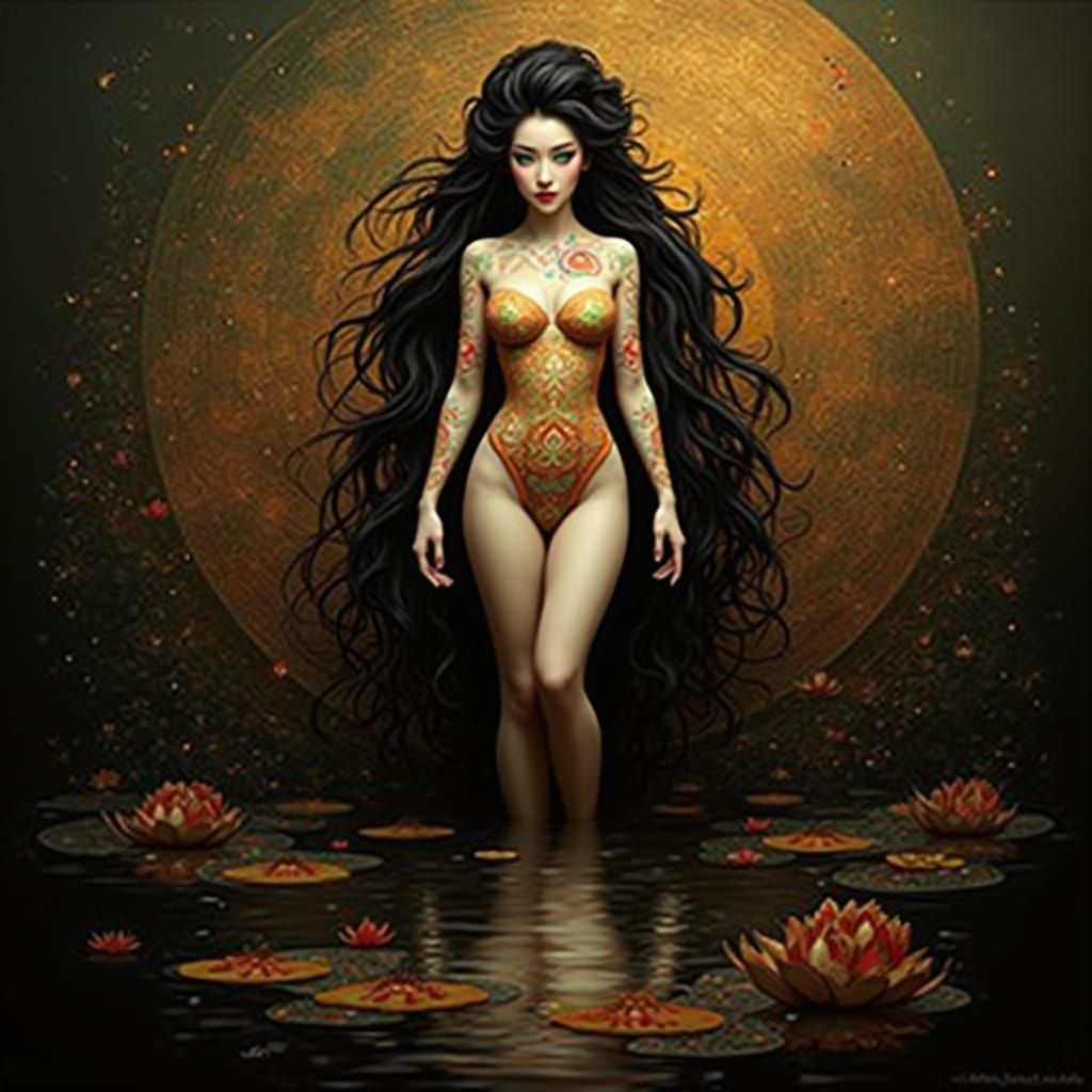 Geisha Portrait with Mirrored Reflection, Hyperrealistic Sty...