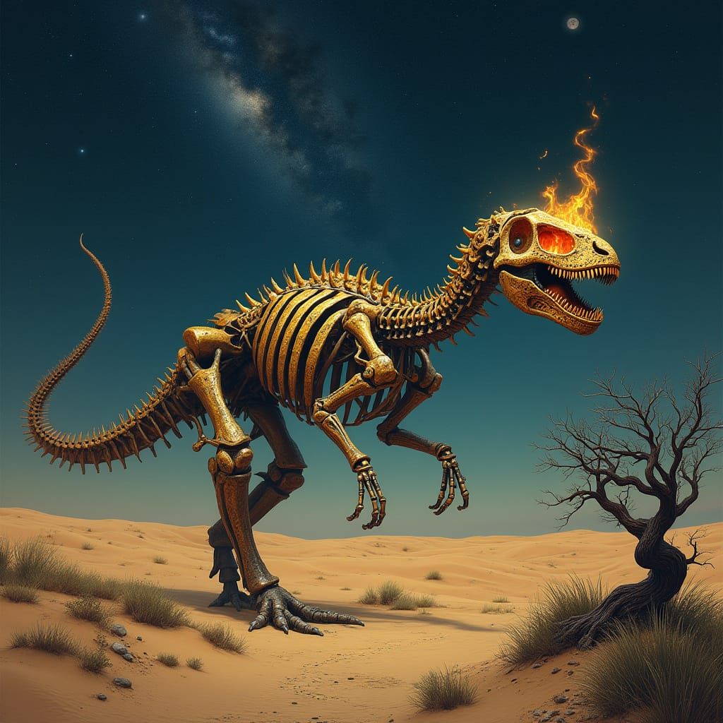 Skeleton Dinosaur walking with head on fire and shooting star to remember how he became a skeleton