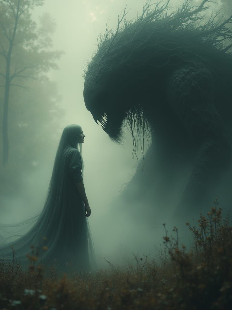 Ethereal Figure Confronts Darkness in Mystical Landscape