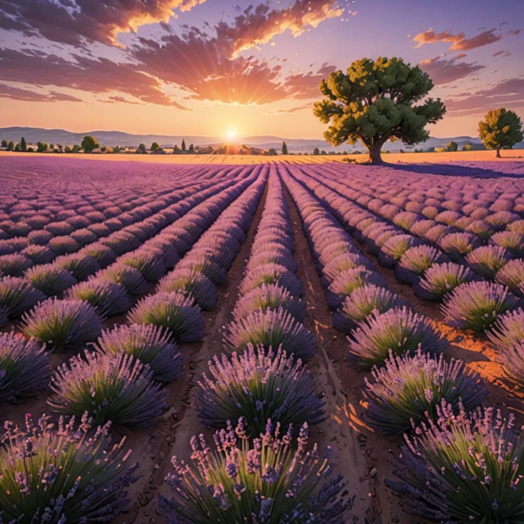 French Lavender Fields at Sunset in Hyperrealism