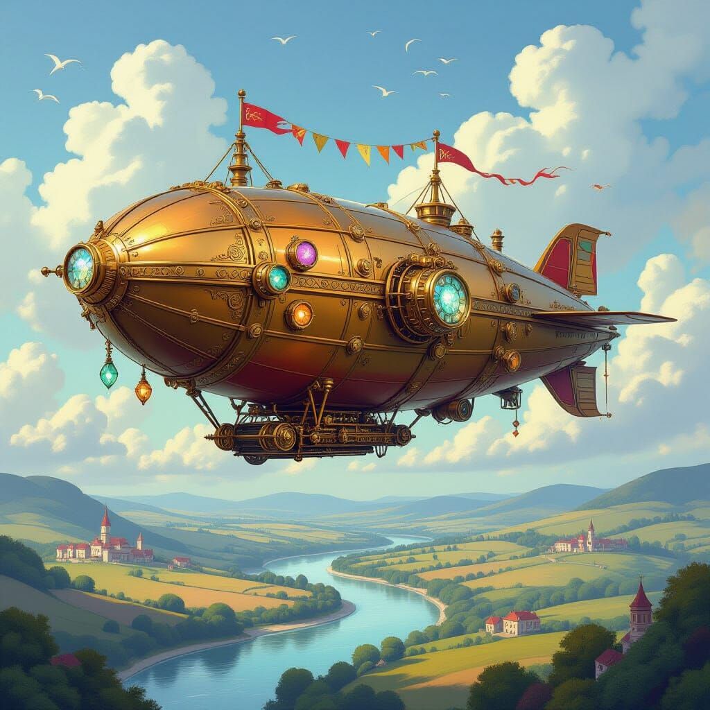Steampunk Zeppelin Over Rolling Hills in Painterly Style