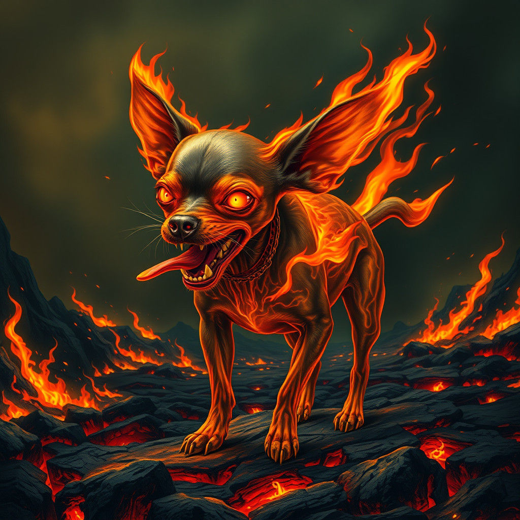 Fiery Chihuahua in Surreal Dystopian Landscape