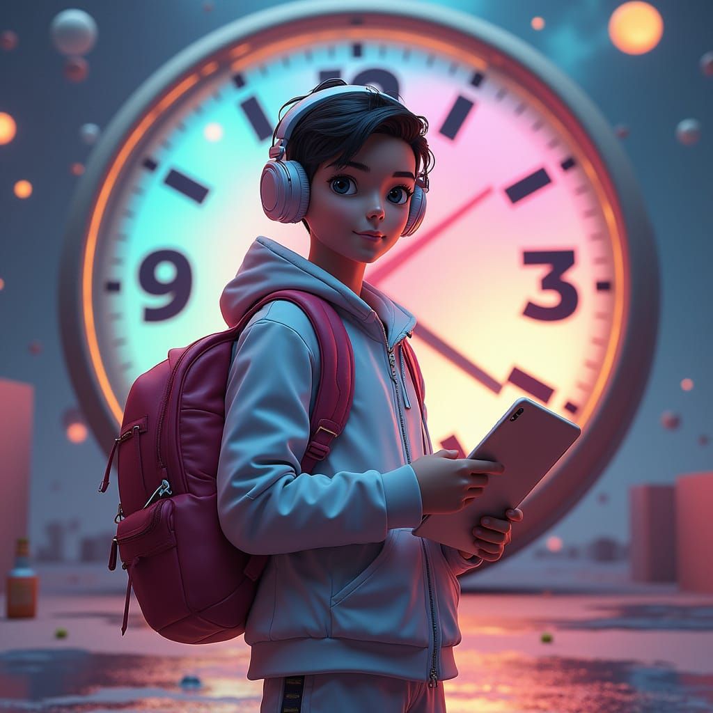 Futuristic Teen Hero with Clock in Dreamlike Scene