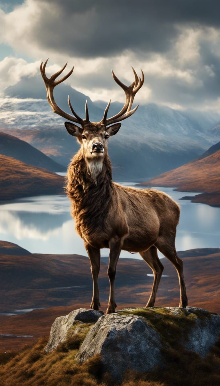 Majestic Stag Overlooking Scottish Highlands in Dramatic Lig...
