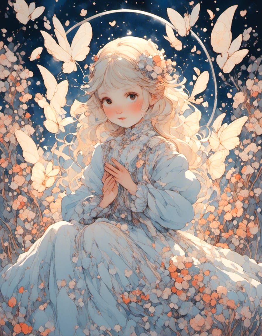 Girl with Kitten on Mushroom, Whimsical Concept Art