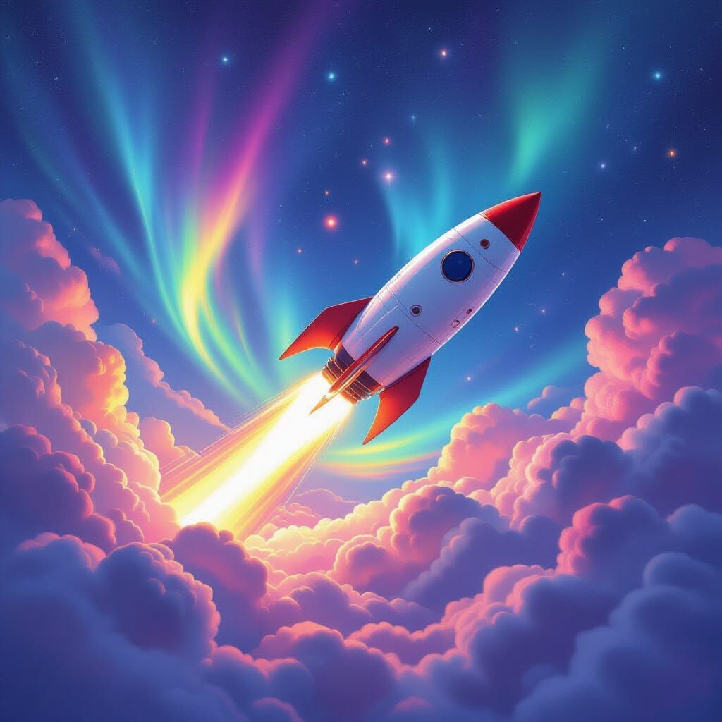 Rocket Soaring Through Space in Retro-Futuristic Style