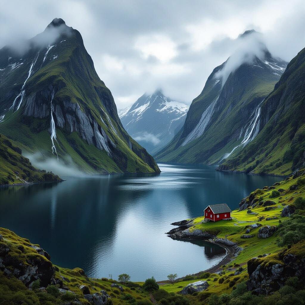 Norwegian Fjord Landscape with Red Cabin and Waterfall