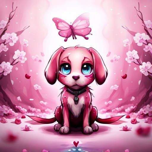 Chibi Dog with Butterfly in Blossom Garden